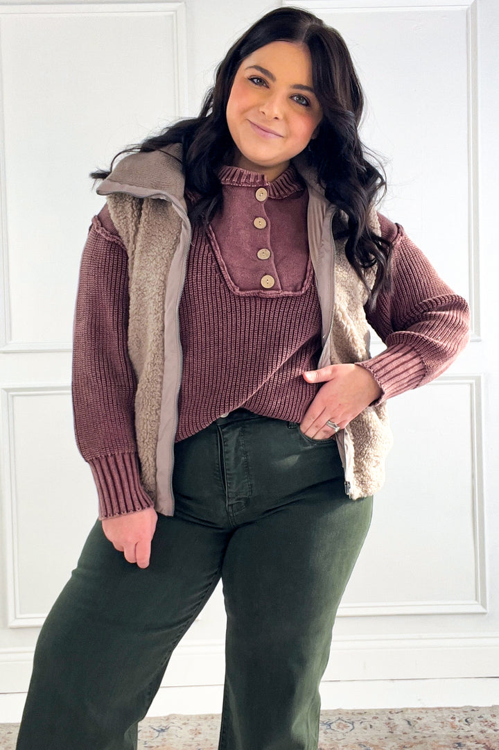 Button Front Henley Knit Sweater