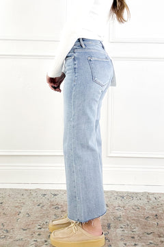 Risen Mid Rise Crop Wide Raw Cut Hem Jeans