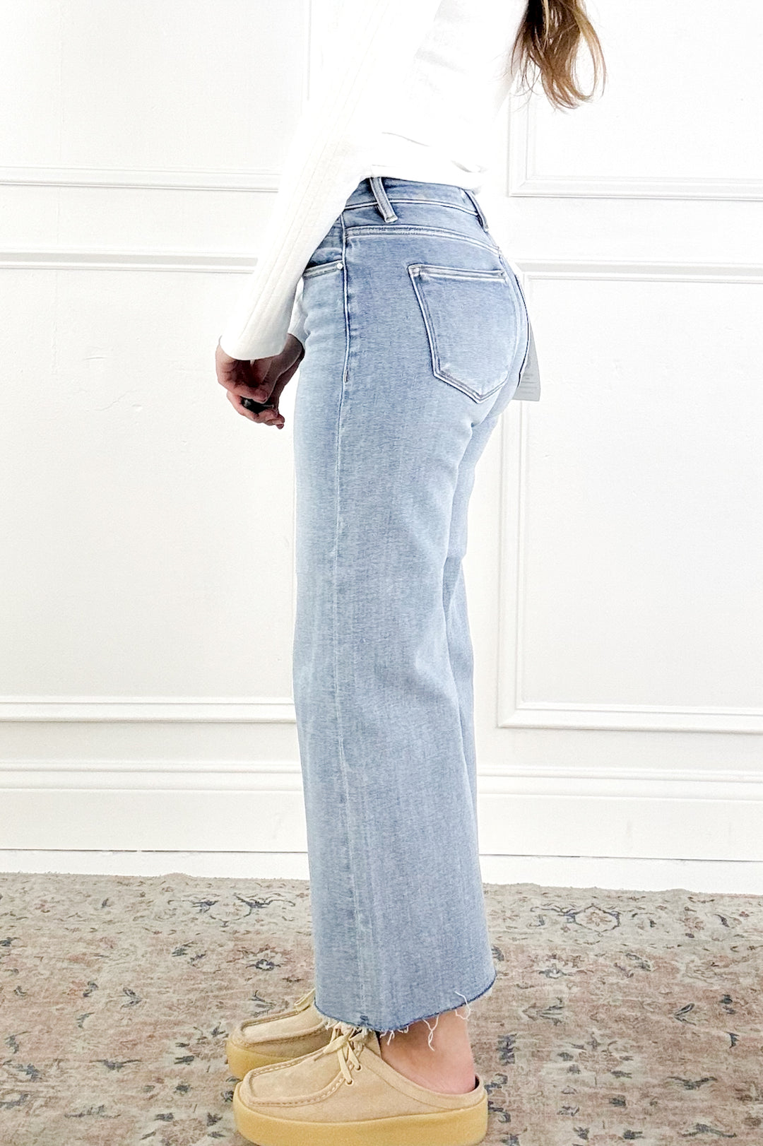 Risen Mid Rise Crop Wide Raw Cut Hem Jeans