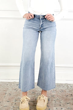 Risen Mid Rise Crop Wide Raw Cut Hem Jeans