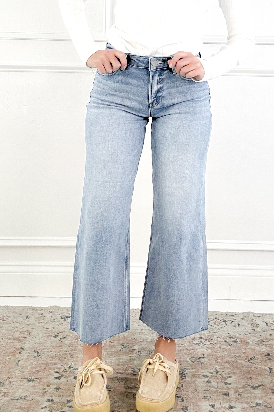 Risen Mid Rise Crop Wide Raw Cut Hem Jeans