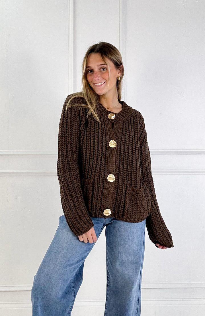 Chunky Gold Button Ribbed Knit Cardigan