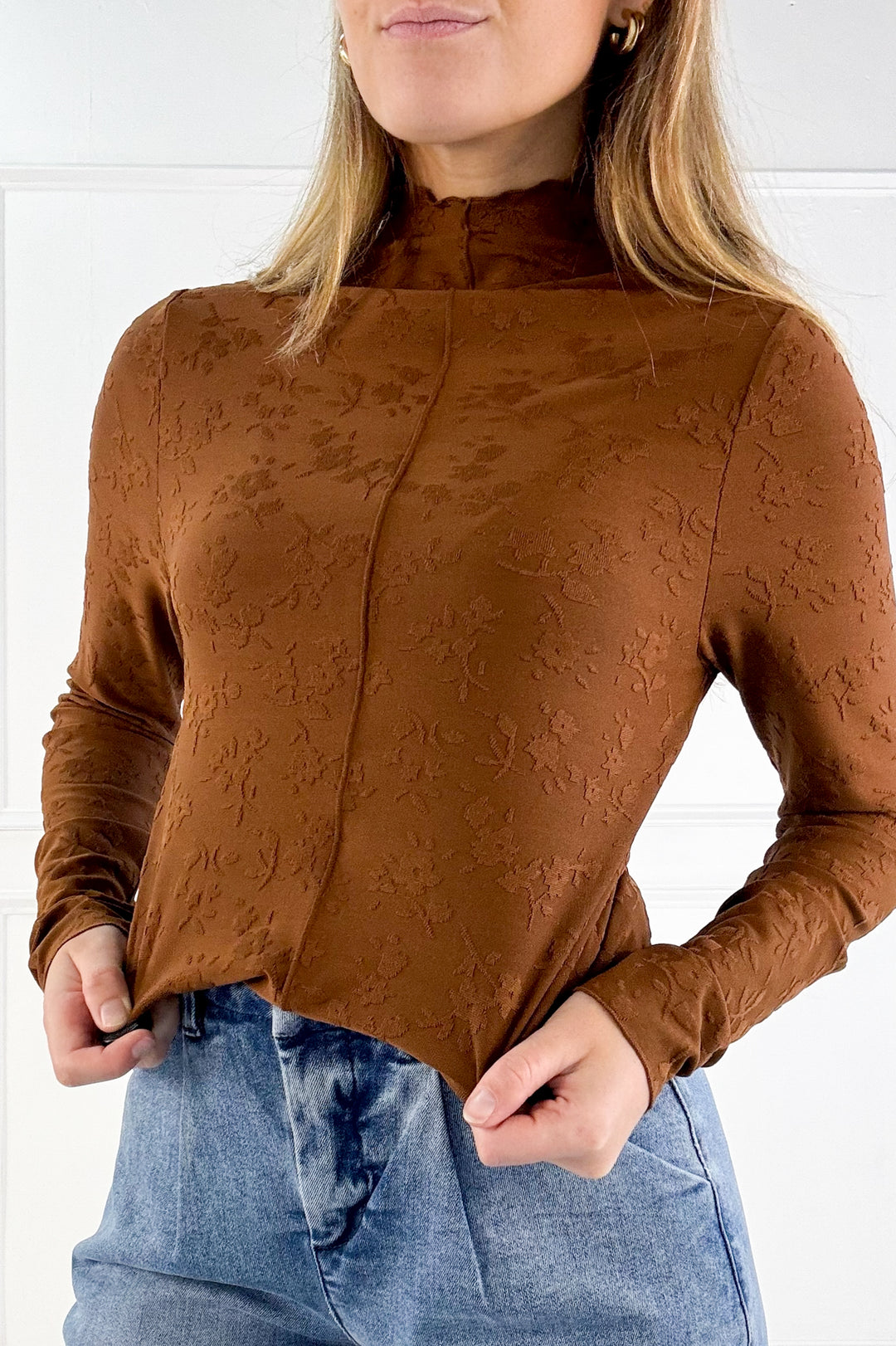 Floral Textured Knit Mock Neck Top