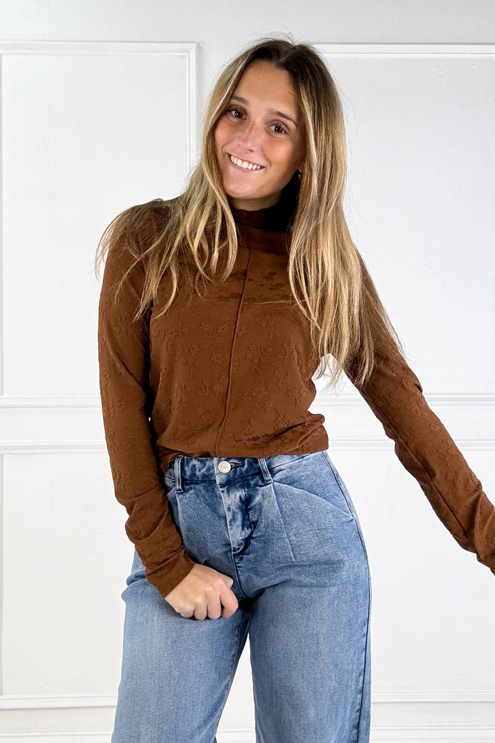 Floral Textured Knit Mock Neck Top