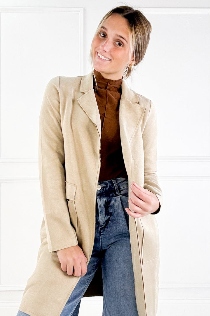 Long Sleeve Open Front Faux Suede Jacket
