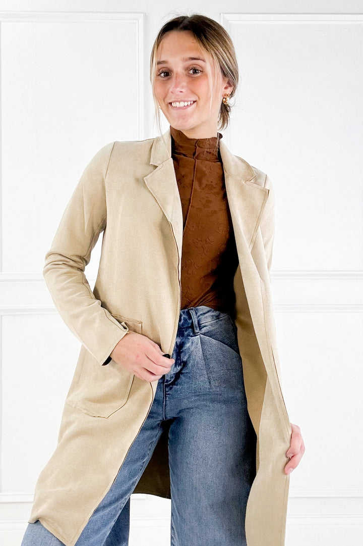 Long Sleeve Open Front Faux Suede Jacket