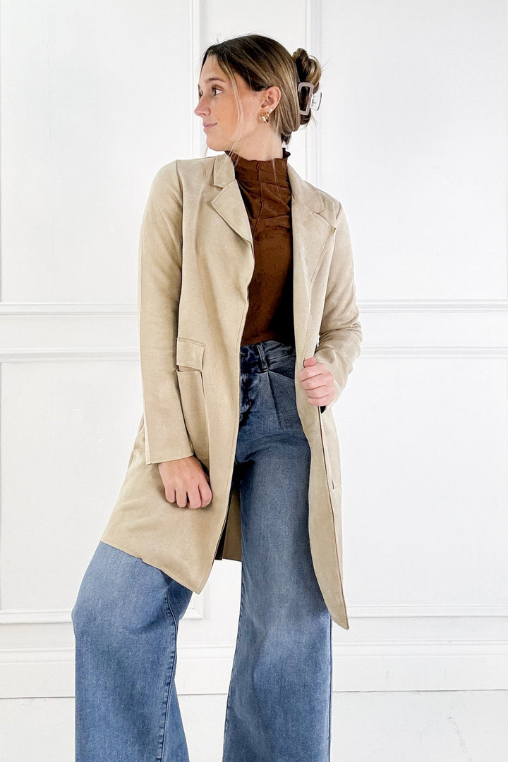 Long Sleeve Open Front Faux Suede Jacket
