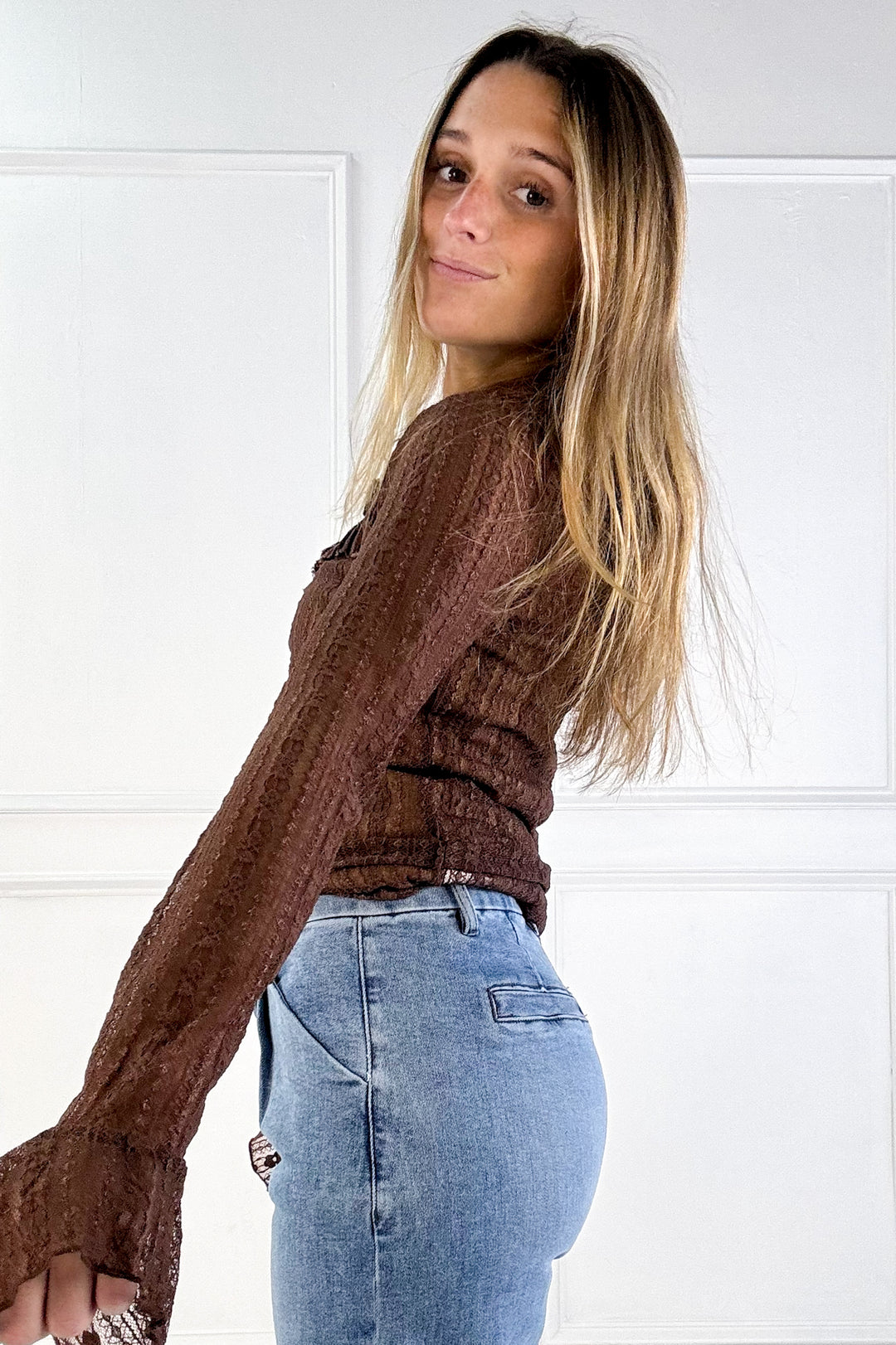 Stretch Lace Ruffle Detail Henley Neck Top