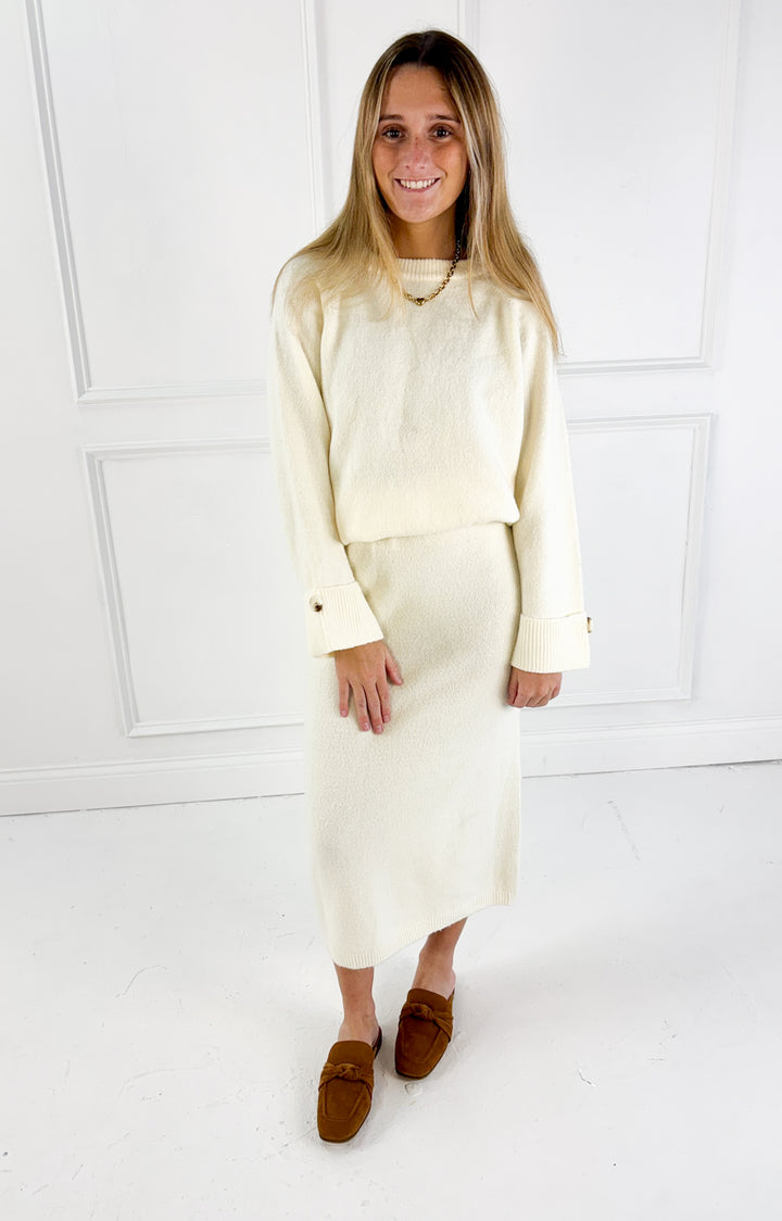 Wool Blend Loose Fit Sweater Top & Midi Skirt Set