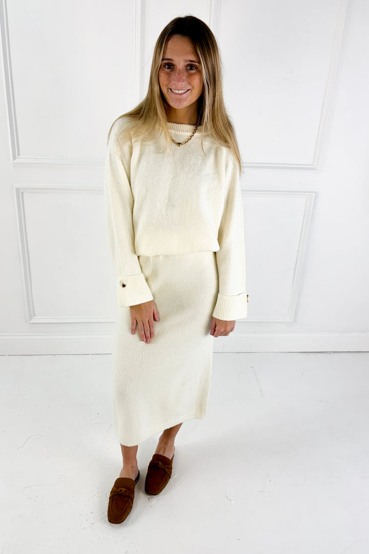 Wool Blend Loose Fit Sweater Top & Midi Skirt Set