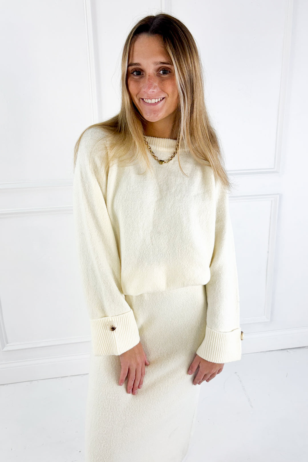 Wool Blend Loose Fit Sweater Top & Midi Skirt Set