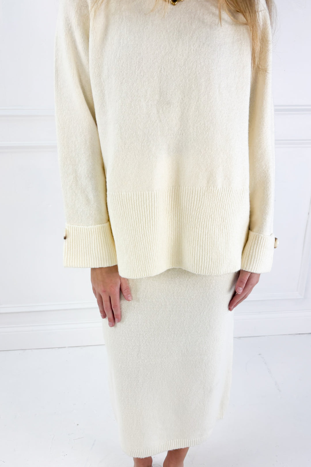 Wool Blend Loose Fit Sweater Top & Midi Skirt Set