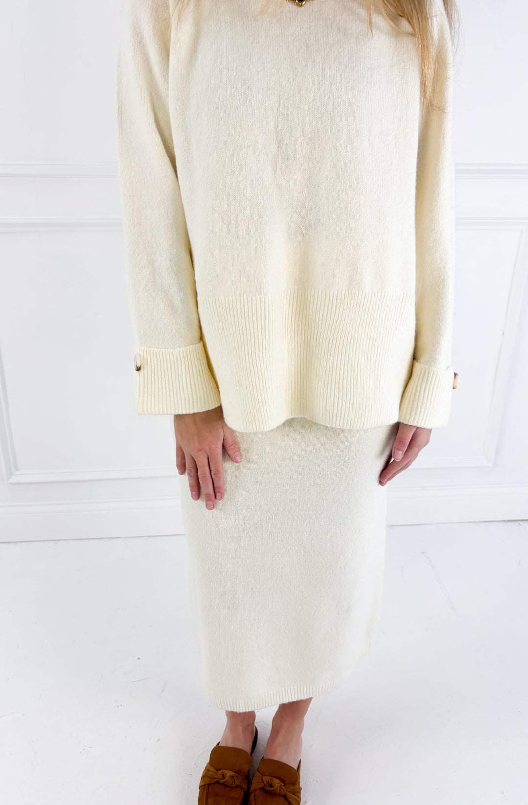 Wool Blend Loose Fit Sweater Top & Midi Skirt Set