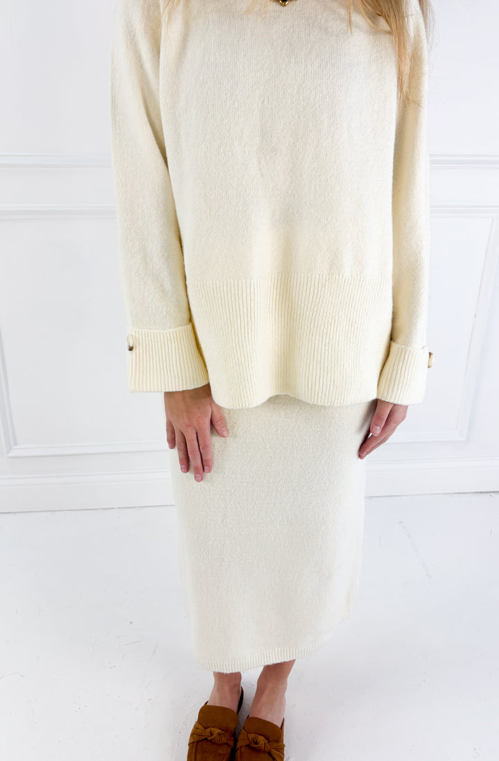 Wool Blend Loose Fit Sweater Top & Midi Skirt Set