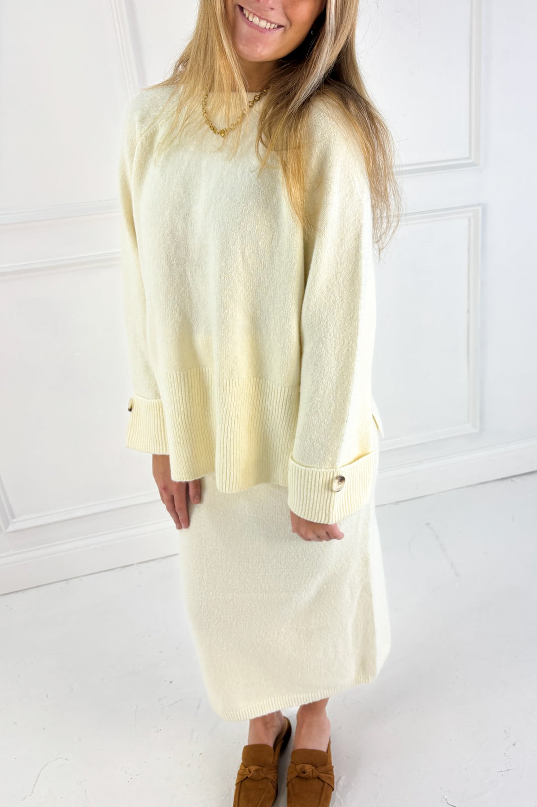 Wool Blend Loose Fit Sweater Top & Midi Skirt Set