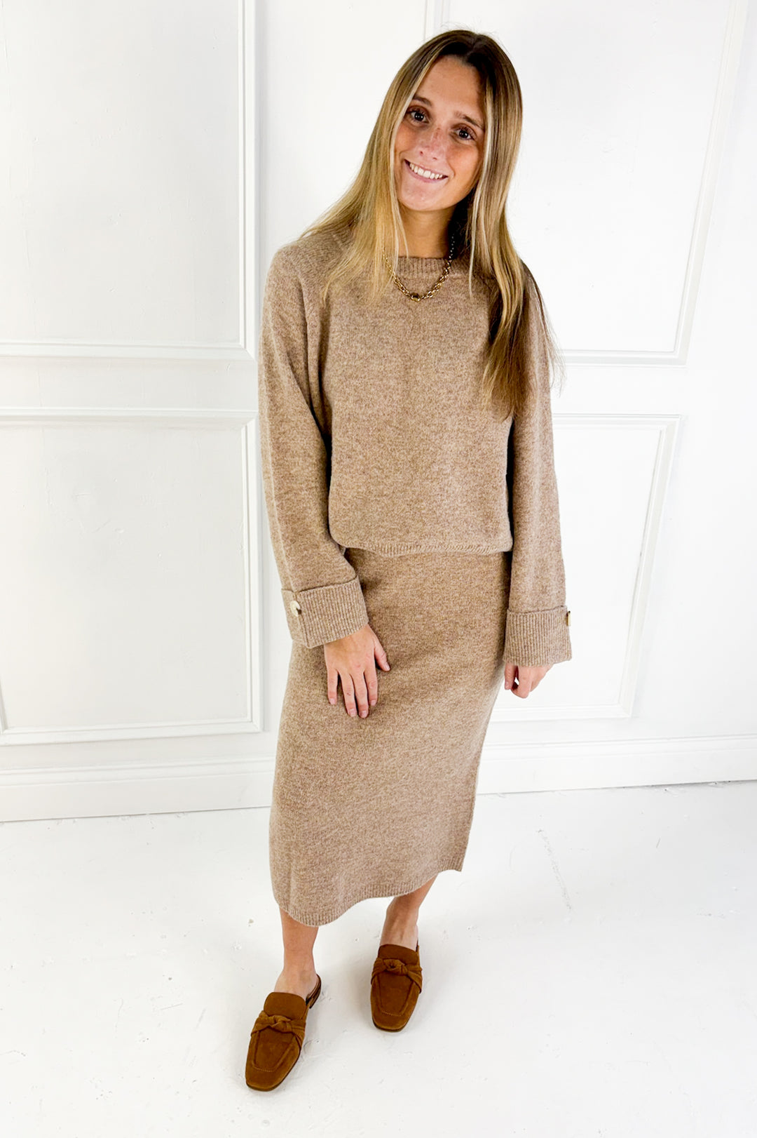 Wool Blend Loose Fit Sweater Top & Midi Skirt Set