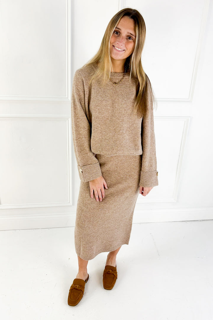 Wool Blend Loose Fit Sweater Top & Midi Skirt Set