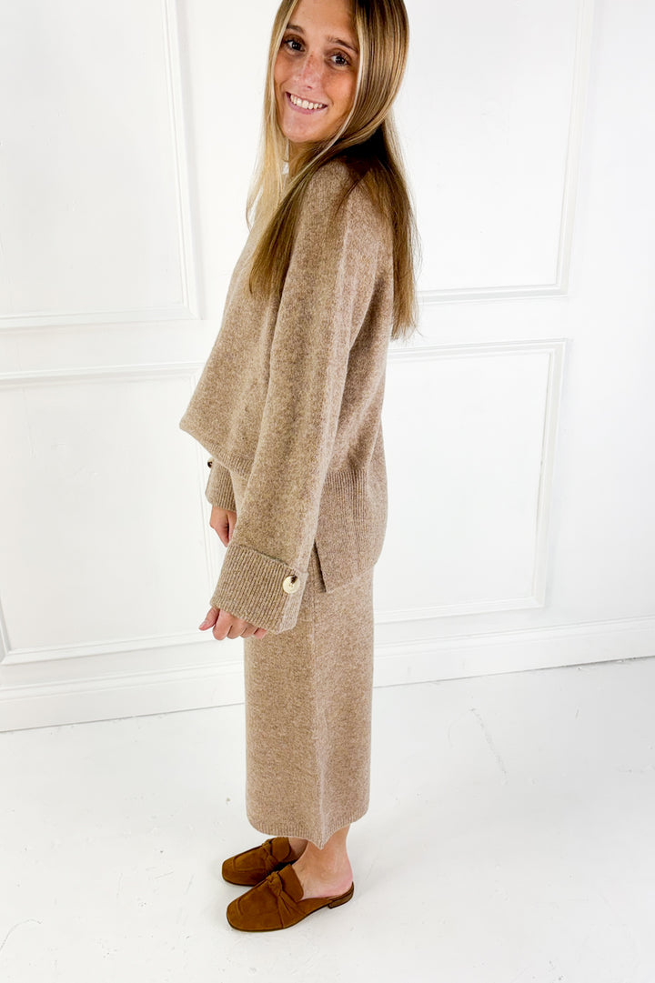 Wool Blend Loose Fit Sweater Top & Midi Skirt Set
