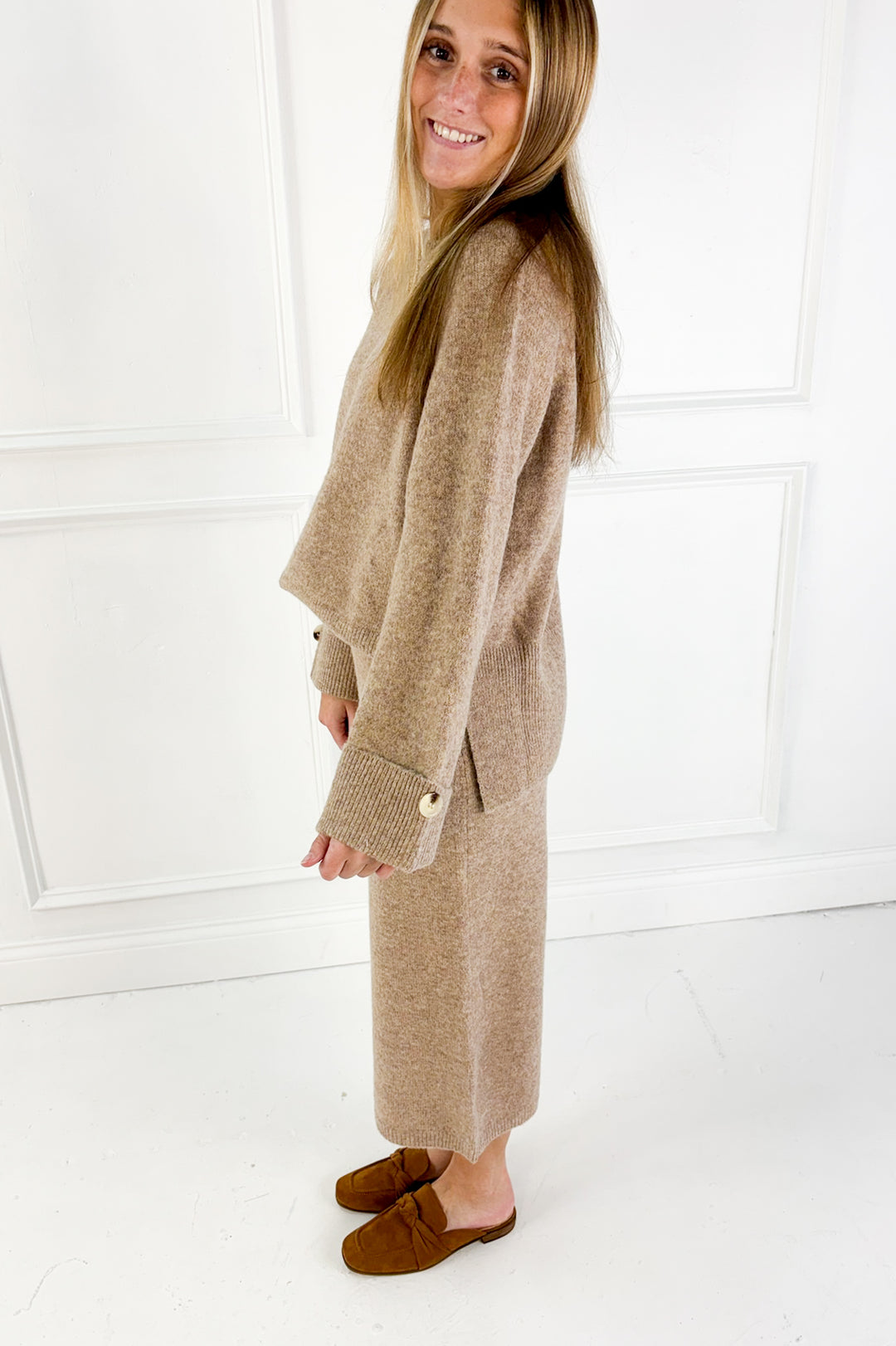 Wool Blend Loose Fit Sweater Top & Midi Skirt Set