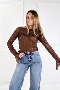 Stretch Lace Ruffle Detail Henley Neck Top