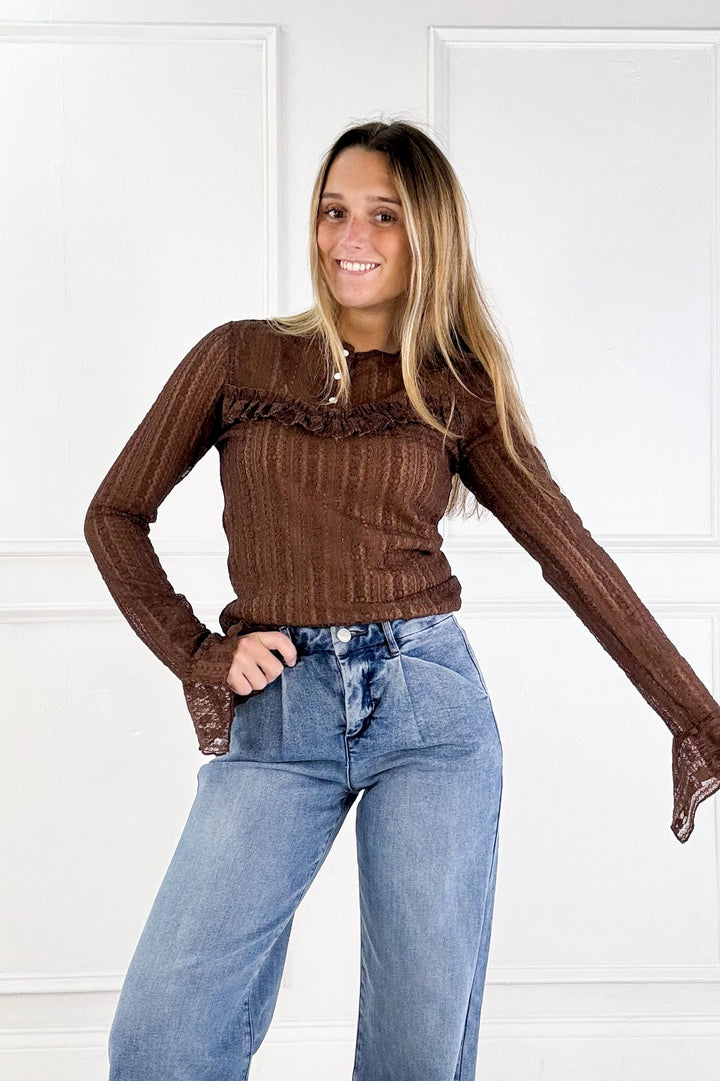 Stretch Lace Ruffle Detail Henley Neck Top