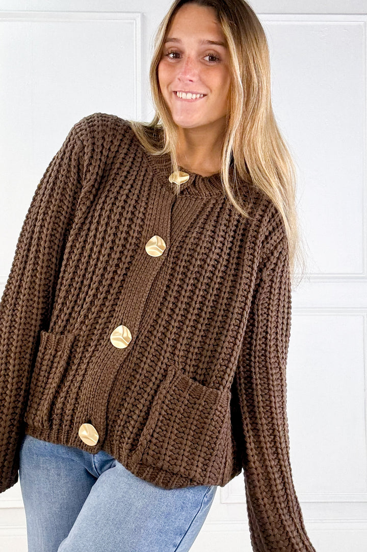 Chunky Gold Button Ribbed Knit Cardigan