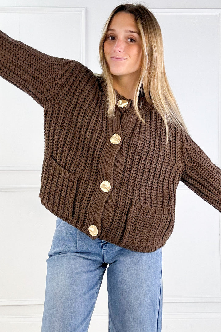 Chunky Gold Button Ribbed Knit Cardigan