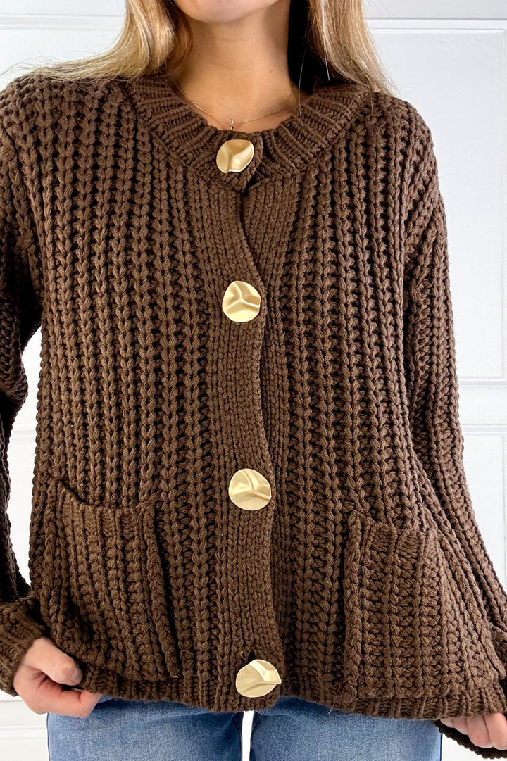 Chunky Gold Button Ribbed Knit Cardigan