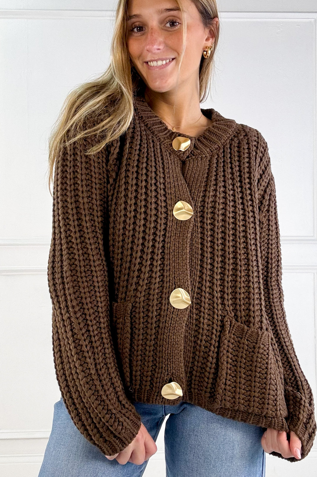 Chunky Gold Button Ribbed Knit Cardigan