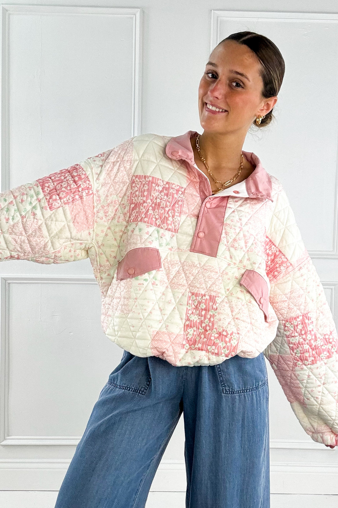 Textured Contrast Printed Quarter Zip Sweater