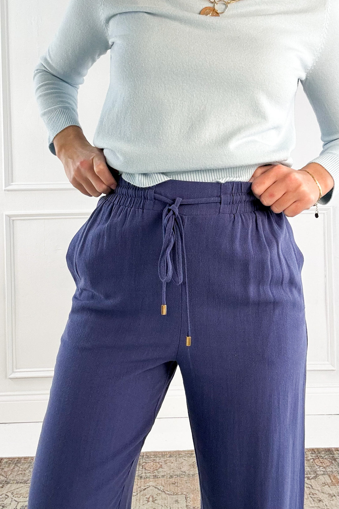 Elastic Drawstring Wide Leg Linen-Like Pants