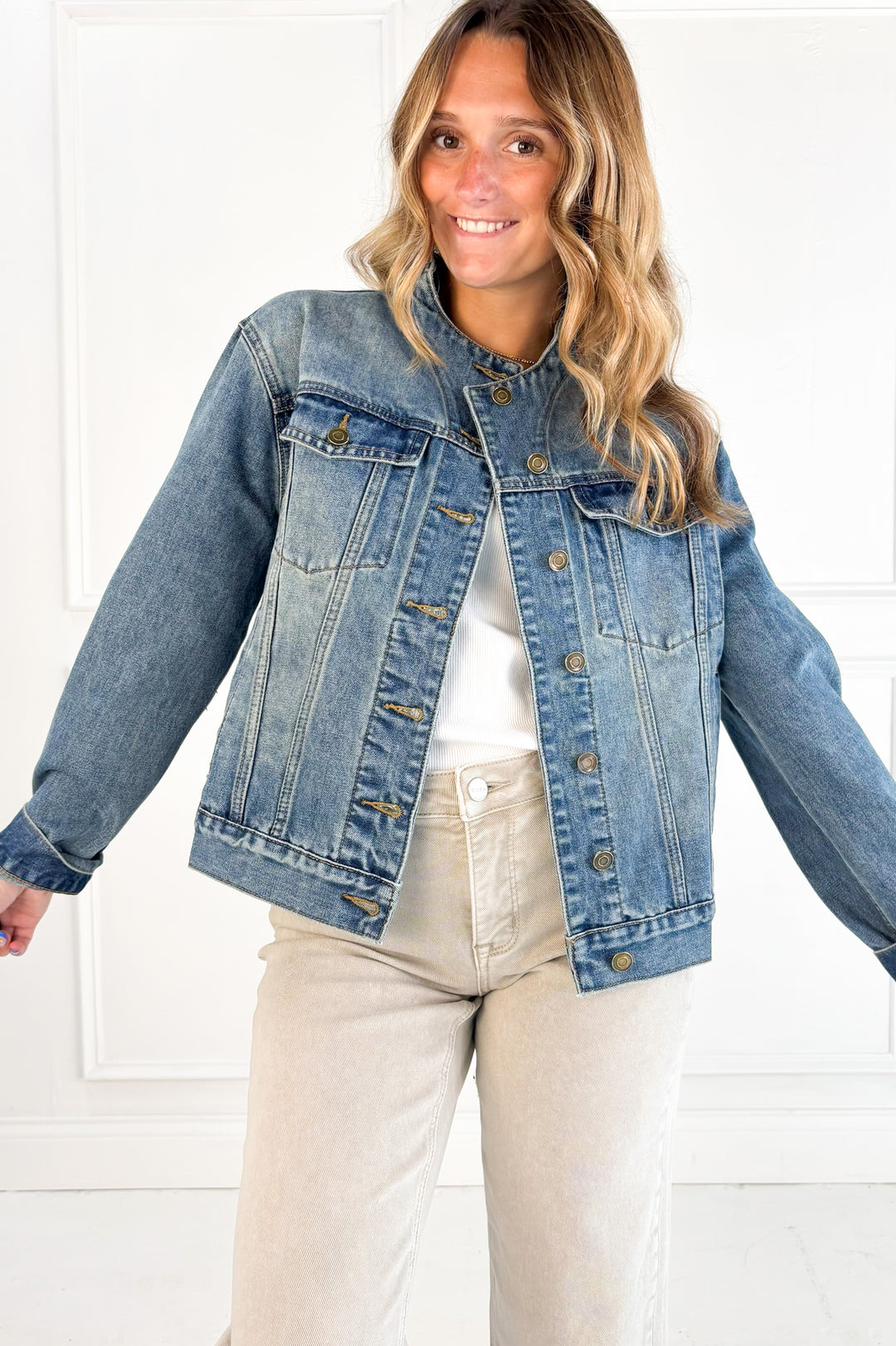 Collarless Denim Jacket