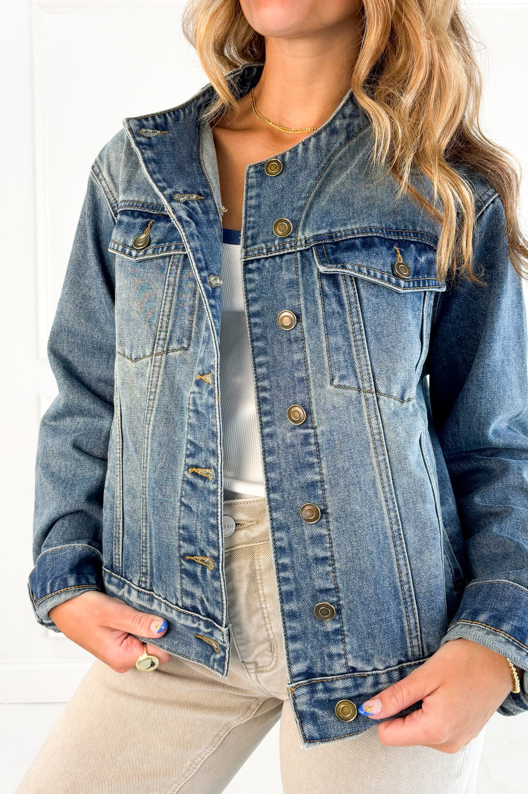 Collarless Denim Jacket