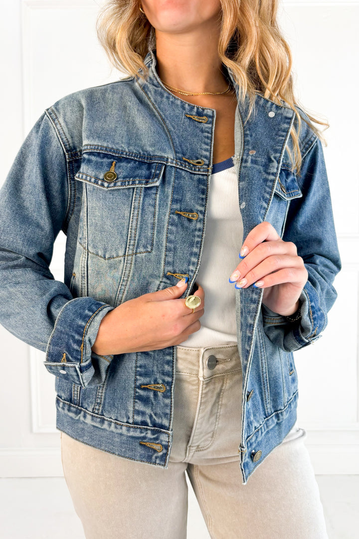 Collarless Denim Jacket