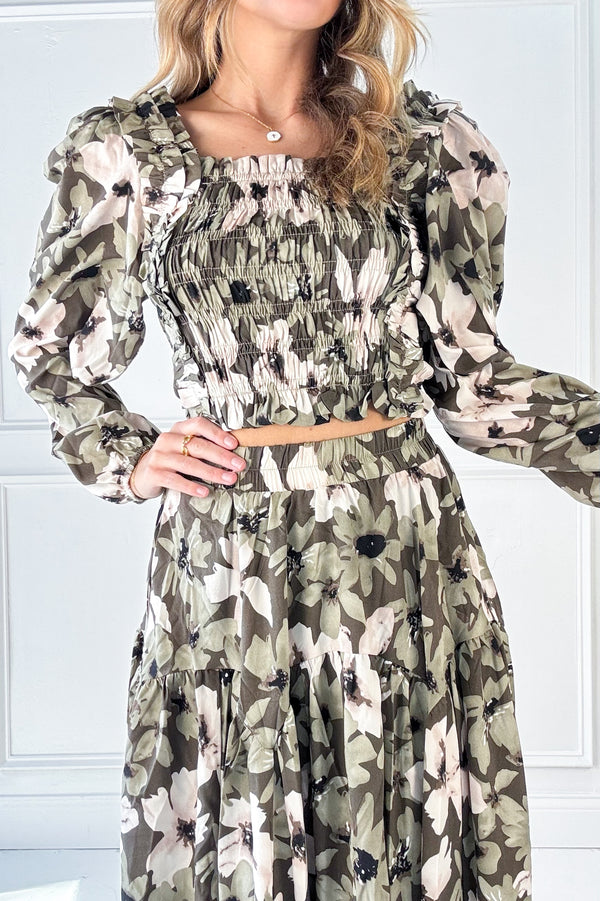 Olive Bloom Smocked Top