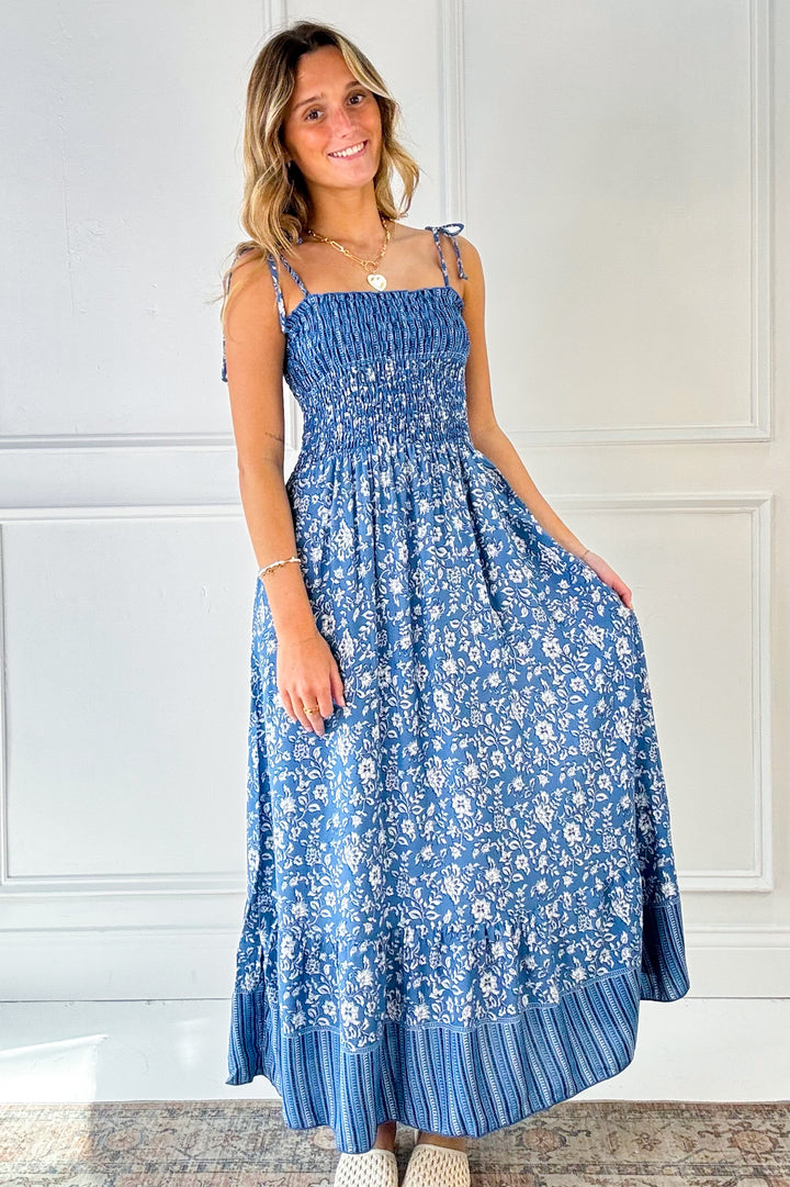 Denim Smocked Top Floral Dress