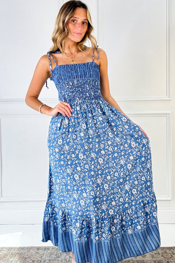 Denim Smocked Top Floral Dress