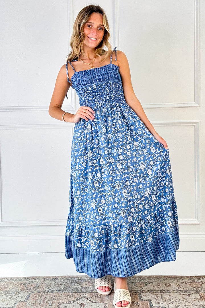 Denim Smocked Top Floral Dress