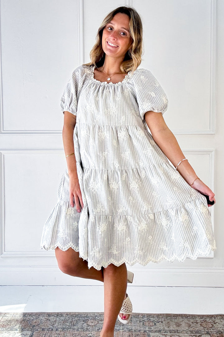 Embroidery Stripe Tiered Mini Dress