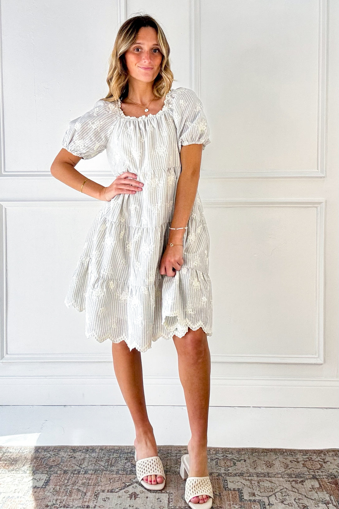 Embroidery Stripe Tiered Mini Dress