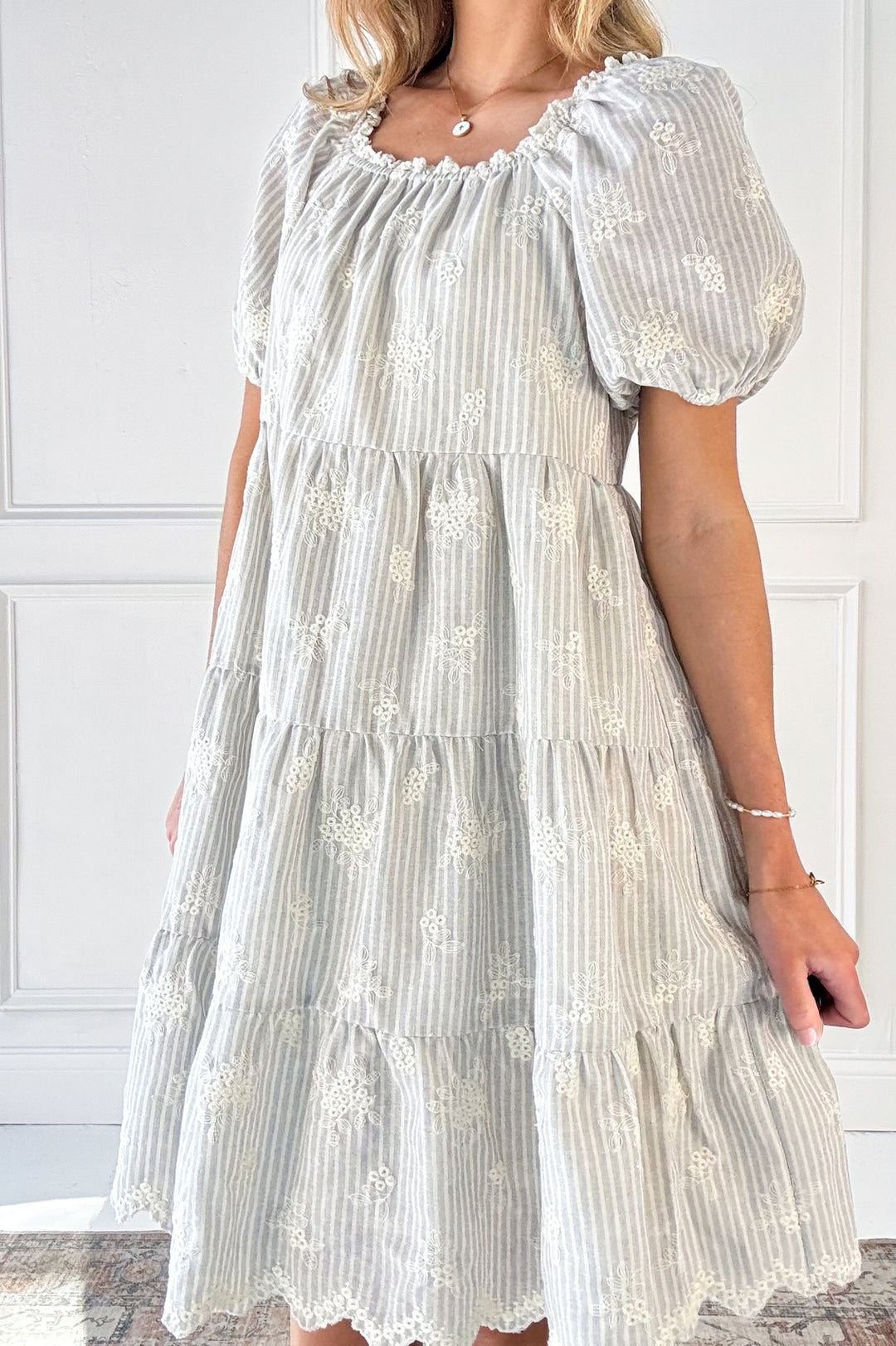 Embroidery Stripe Tiered Mini Dress