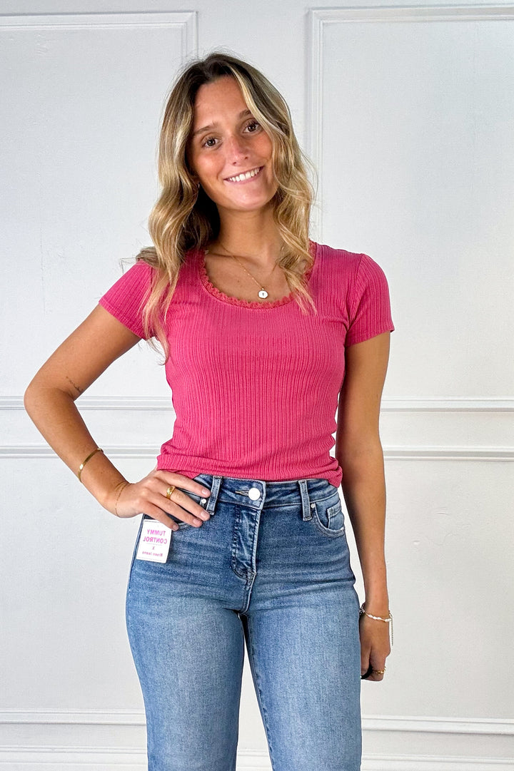 Lace Trimmed Ribbed Scoop Neck Short Sleeve Top