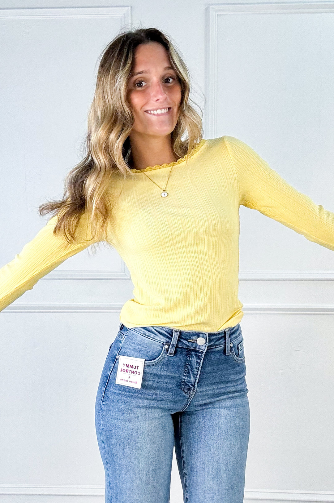 Lace Trimmed Ribbed Boat Neck Long Sleeve Top