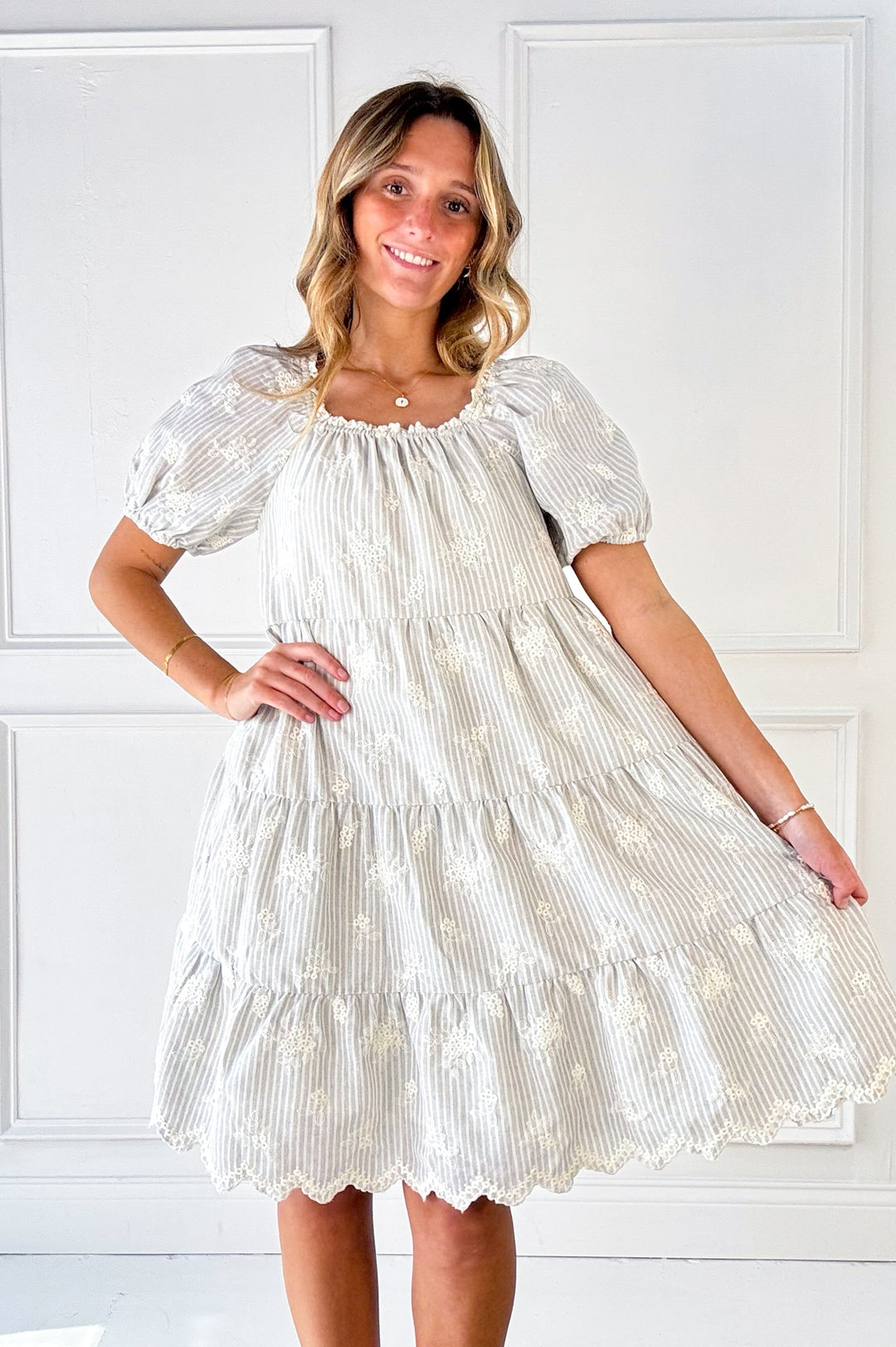 Embroidery Stripe Tiered Mini Dress