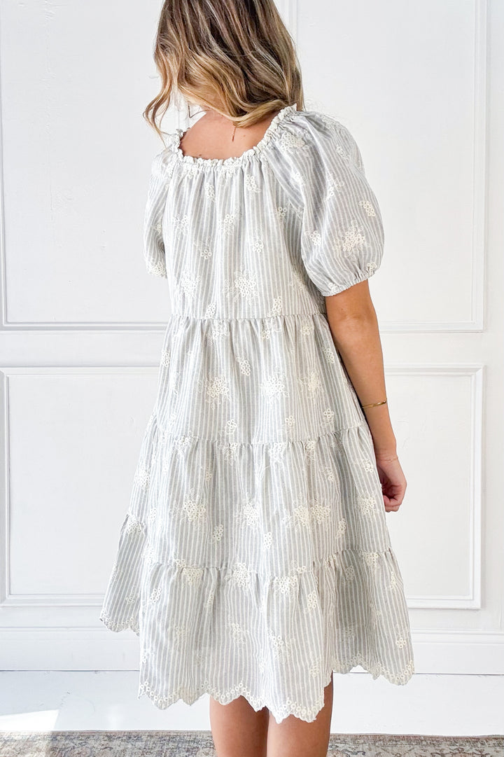 Embroidery Stripe Tiered Mini Dress