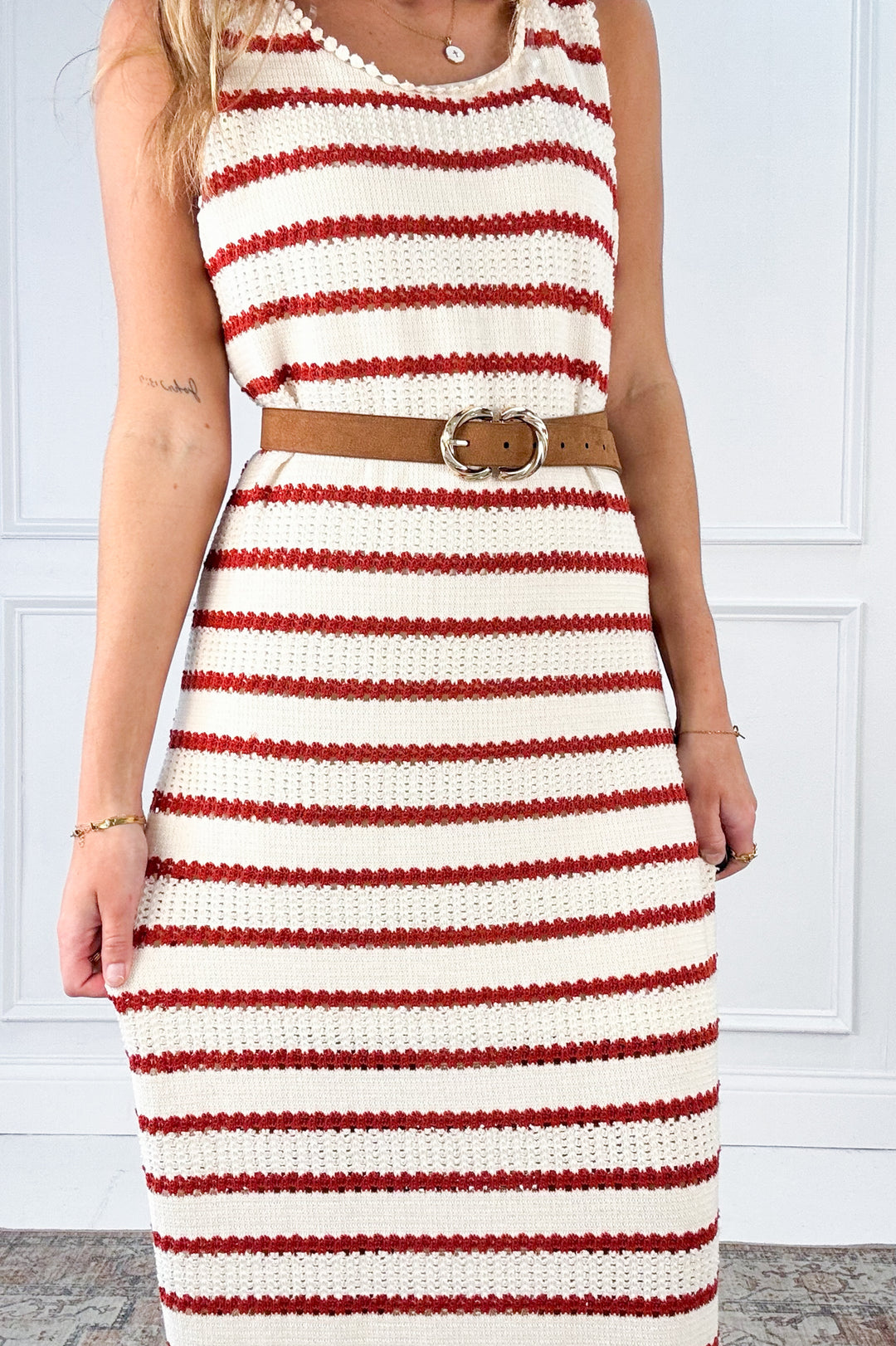 Red & Cream Striped Maxi Dress with Slit