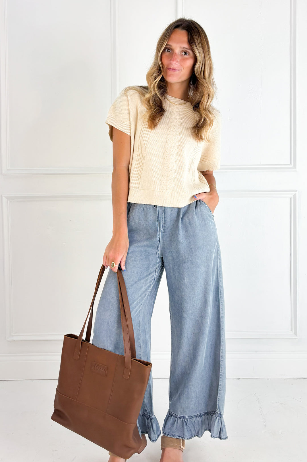 Chambray Denim Ruffle Hem Pants