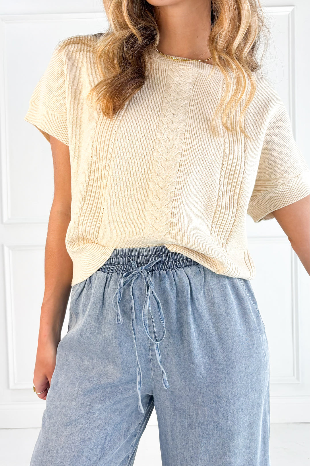 Chambray Denim Ruffle Hem Pants