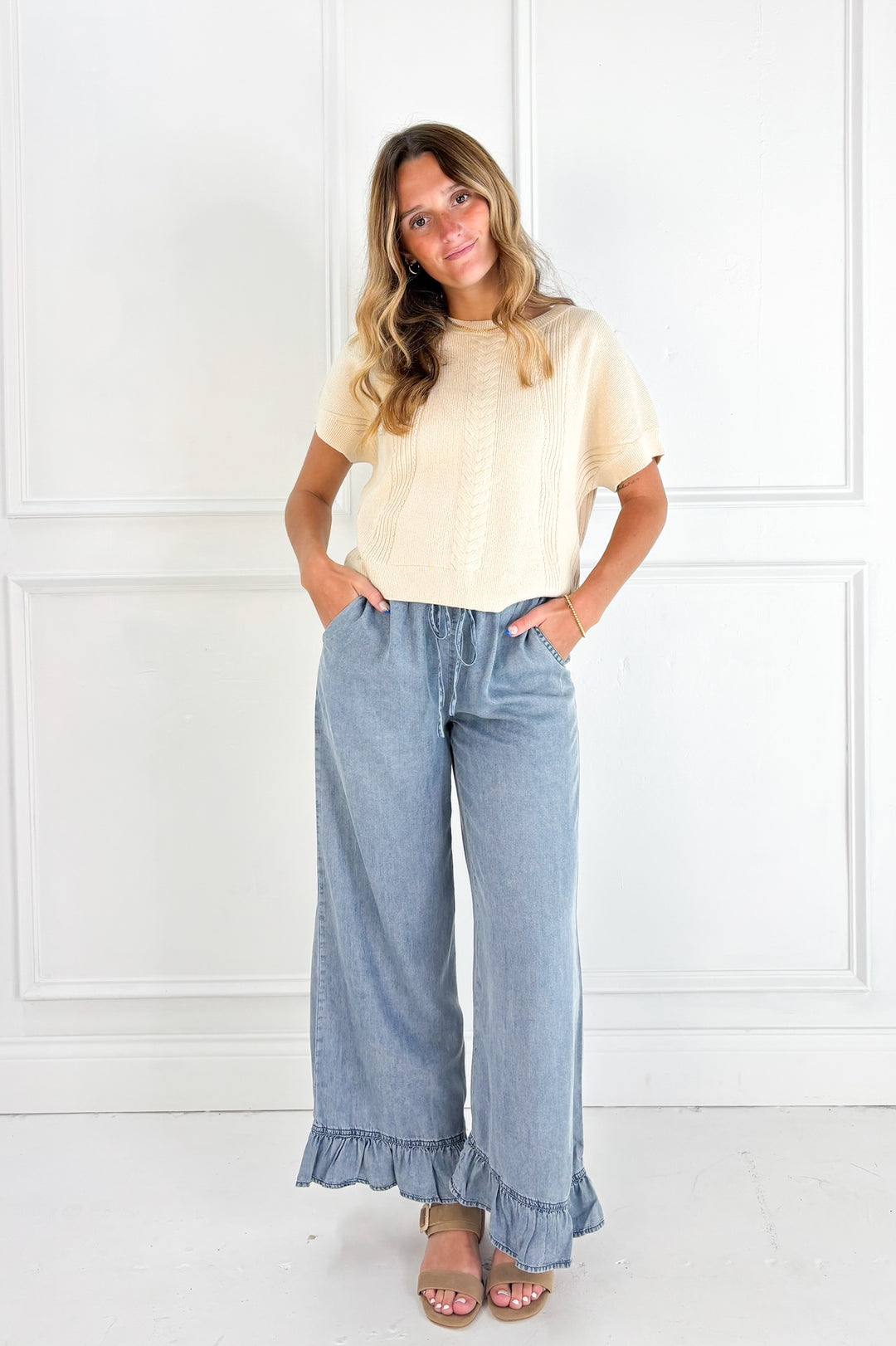 Chambray Denim Ruffle Hem Pants