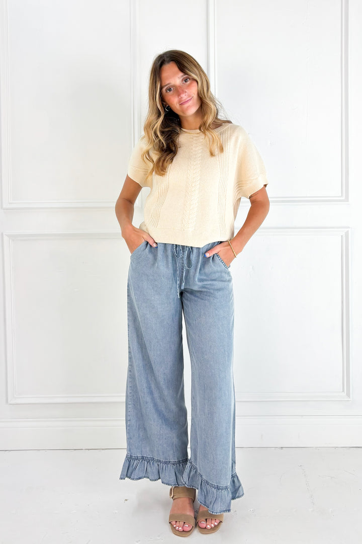 Chambray Denim Ruffle Hem Pants